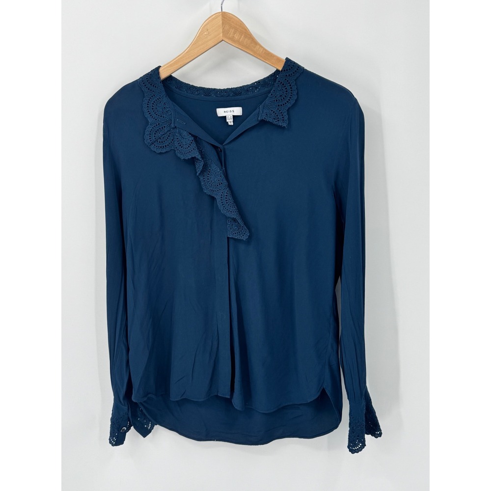 Reiss Jules Ruffle Eyelet Lace Trim Navy Blue Viscose Blouse Womens 10
